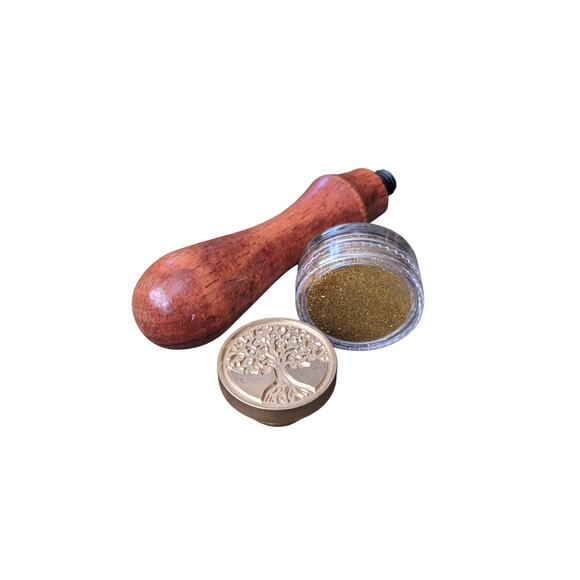 Tree of Life Brass Wax Stamp Wooden Handle Gold Glitter Seal Envelopes 3pc Set - Picture 6 of 7